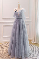 Gray A-Line Tulle Long Prom Dresses, Gray Formal Evening Dresses