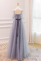 Gray A-Line Tulle Long Formal Prom Dress, Gray Formal Evening Dress