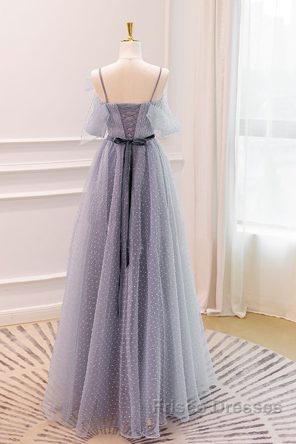 Gray A-Line Tulle Long Formal Prom Dress, Gray Formal Evening Dress