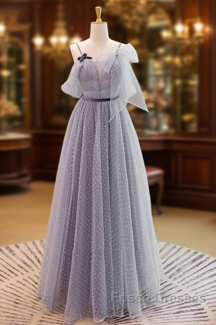Gray A-Line Tulle Long Formal Prom Dress, Gray Formal Evening Dress