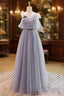 Gray A-Line Tulle Long Formal Prom Dress, Gray Formal Evening Dress