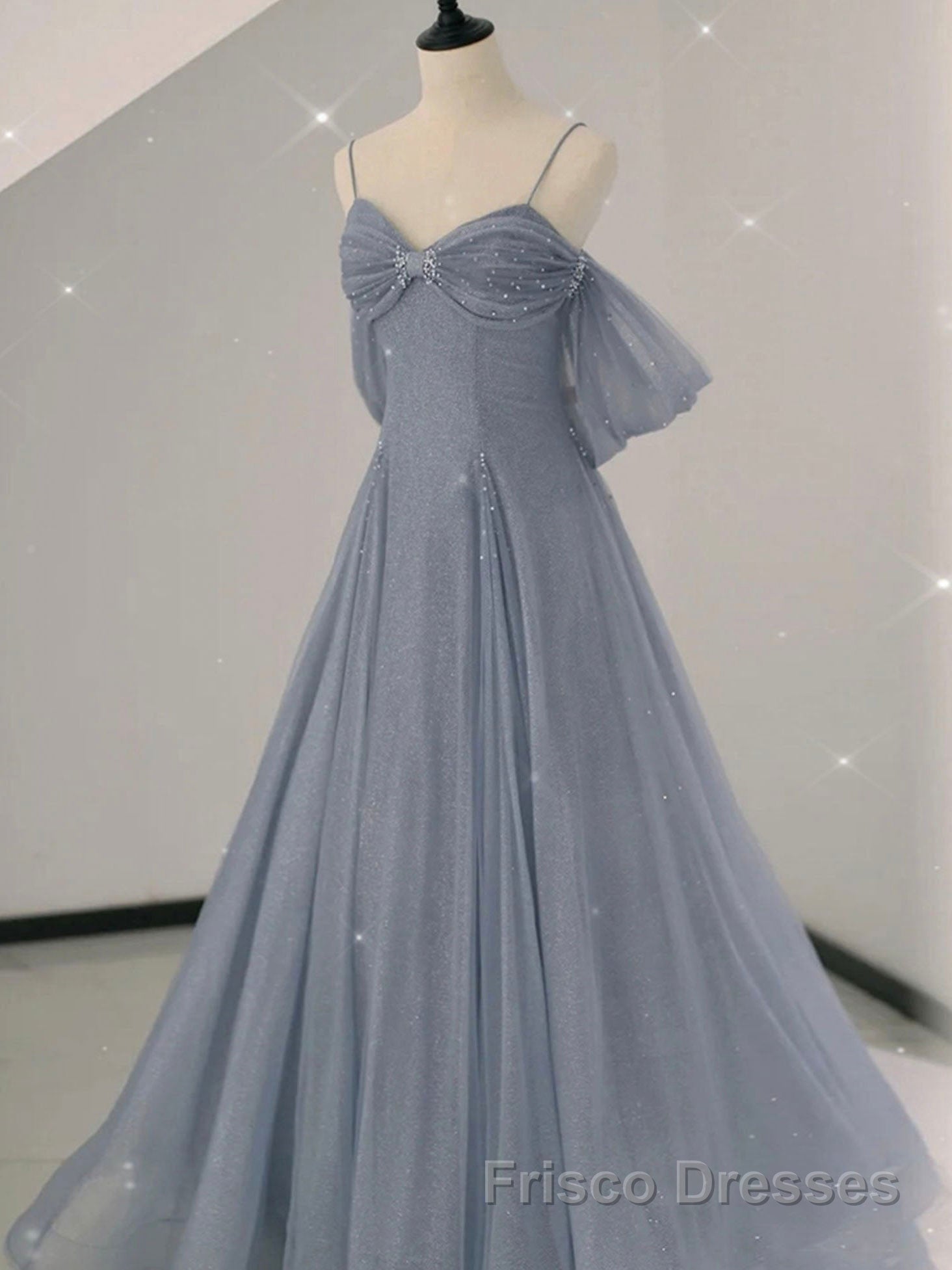 Gray A line tulle off shoulder Formal Prom Dresses, gray long evening Dresses Secondary image