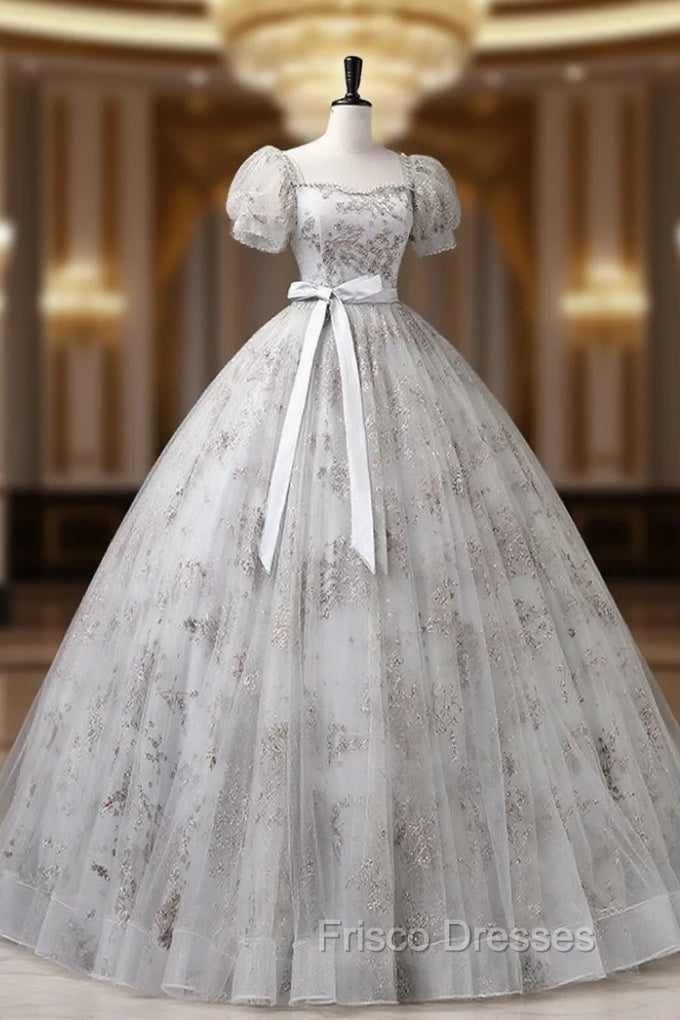 Gray A-Line Tulle Sequin Long Formal Prom Dress, Gray Tulle Sweet 16 Dress