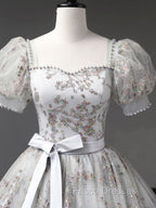 Gray A-Line Tulle Sequin Long Formal Prom Dress, Gray Tulle Sweet 16 Dress