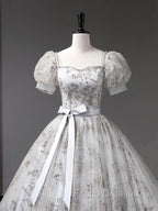 Gray A-Line Tulle Sequin Long Formal Prom Dress, Gray Tulle Sweet 16 Dress