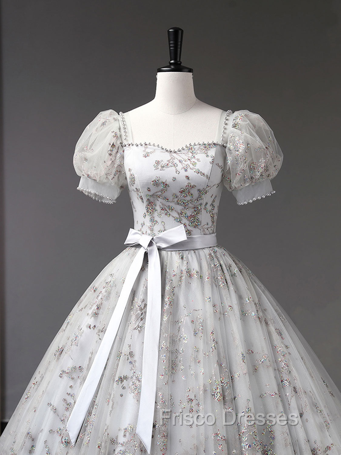 Gray A-Line Tulle Sequin Long Formal Prom Dress, Gray Tulle Sweet 16 Dress