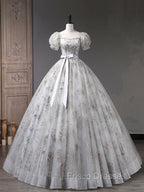 Gray A-Line Tulle Sequin Long Formal Prom Dress, Gray Tulle Sweet 16 Dress