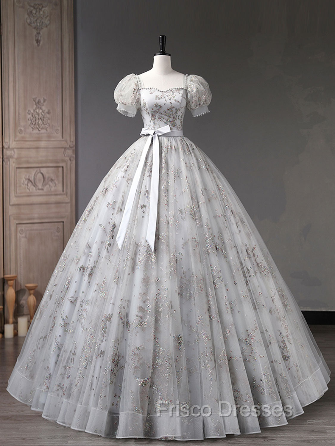Gray A-Line Tulle Sequin Long Formal Prom Dress, Gray Tulle Sweet 16 Dress