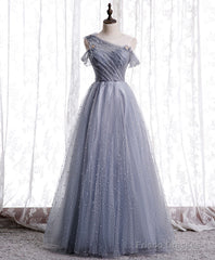 Gray Aline Long Prom Dress, One Shoulder Gray Formal Party Dresses