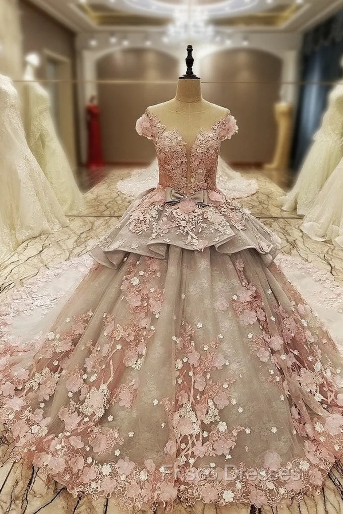 Gray Ball Gown Tulle Appliques Beading Long Train Wedding Dress Main image