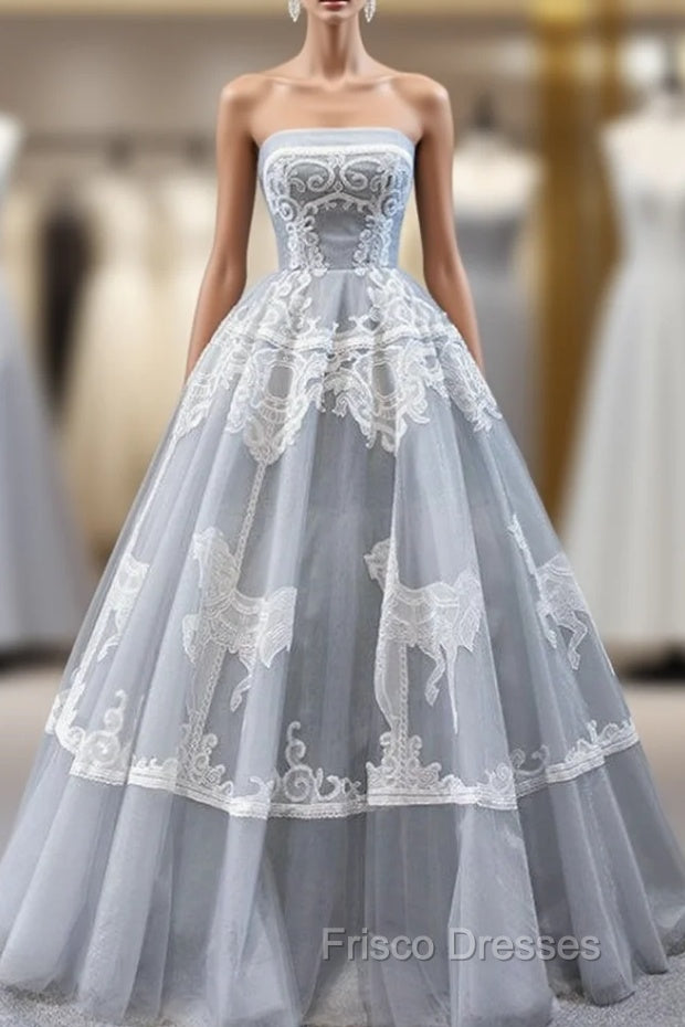 Gray Ball Gown Tulle Appliques Embroidery Strapless Formal Prom Dress Main image