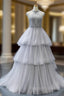 Gray Ball Gown Tulle High Neck Backless Cap Sleeve Formal Prom Dress With Pearls