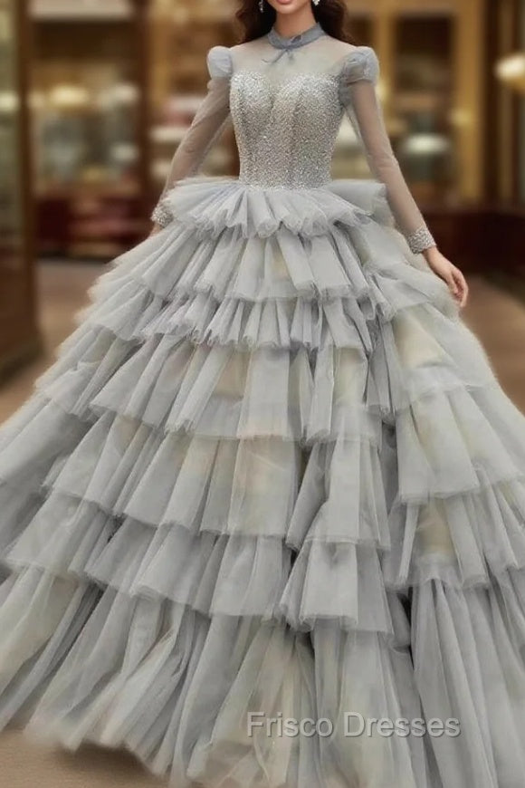 Gray Ball Gown Tulle Long Sleeve High Neck Beading Wedding Dress Main image