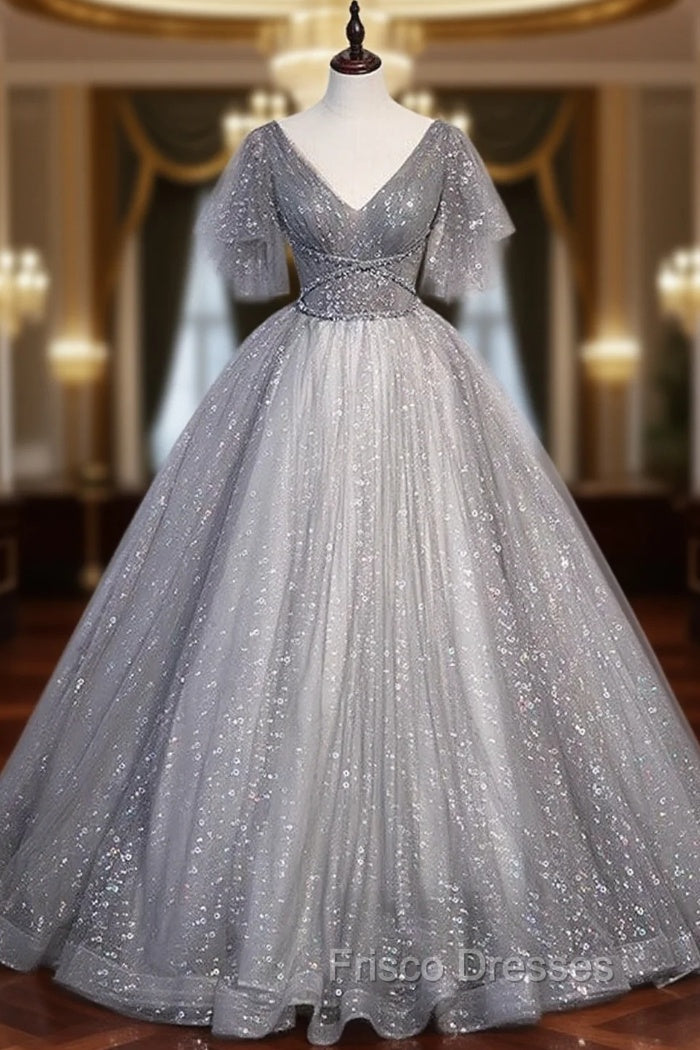 Gray Ball Gown Tulle Sequins V-neck Formal Prom Dress