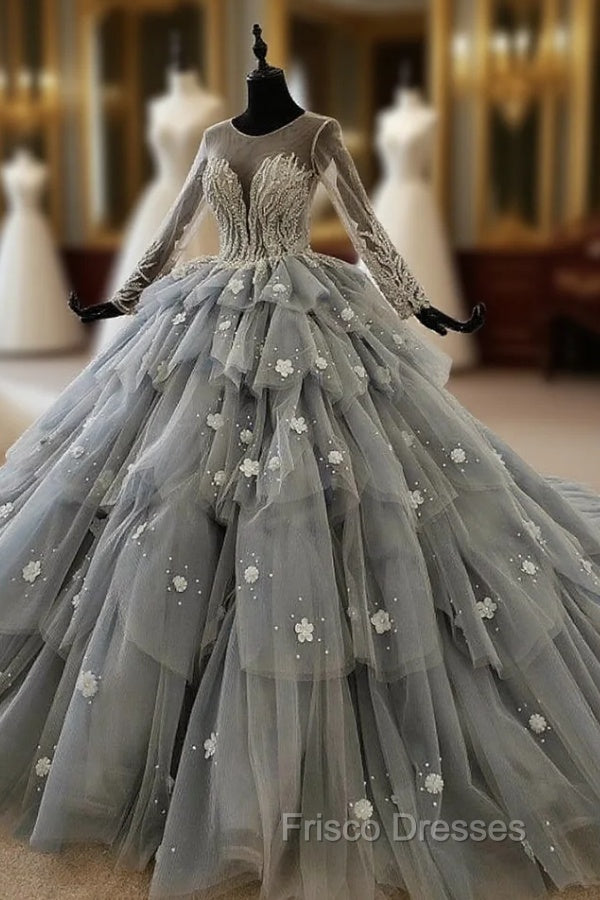 Gray Ball Gown Tulle Tiers Long Sleeve Appliques Beading Wedding Dress