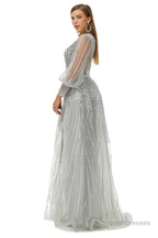 Gray Beaded Mermaid Long sleeves Prom Dresses