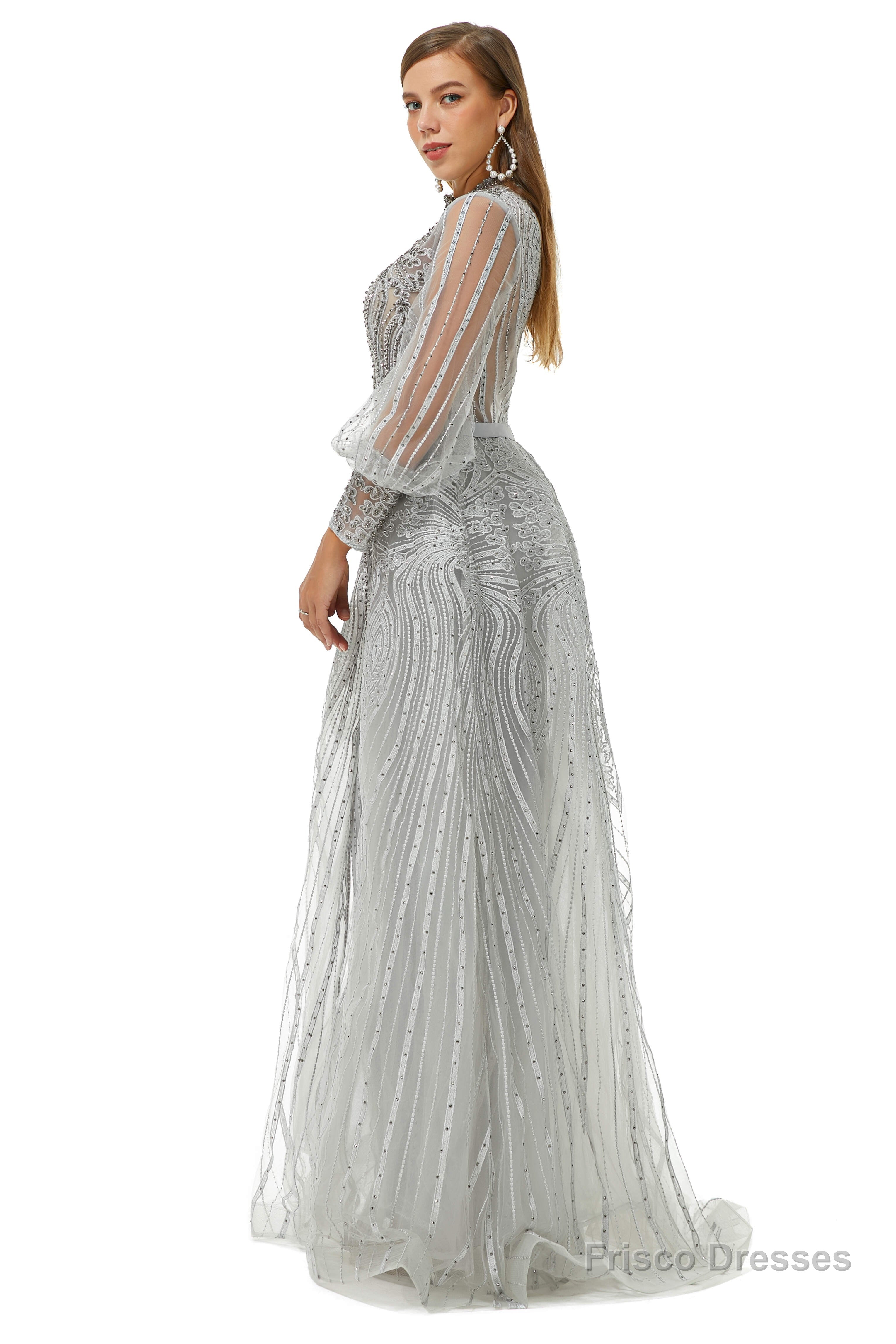 Gray Beaded Mermaid Long sleeves Prom Dresses