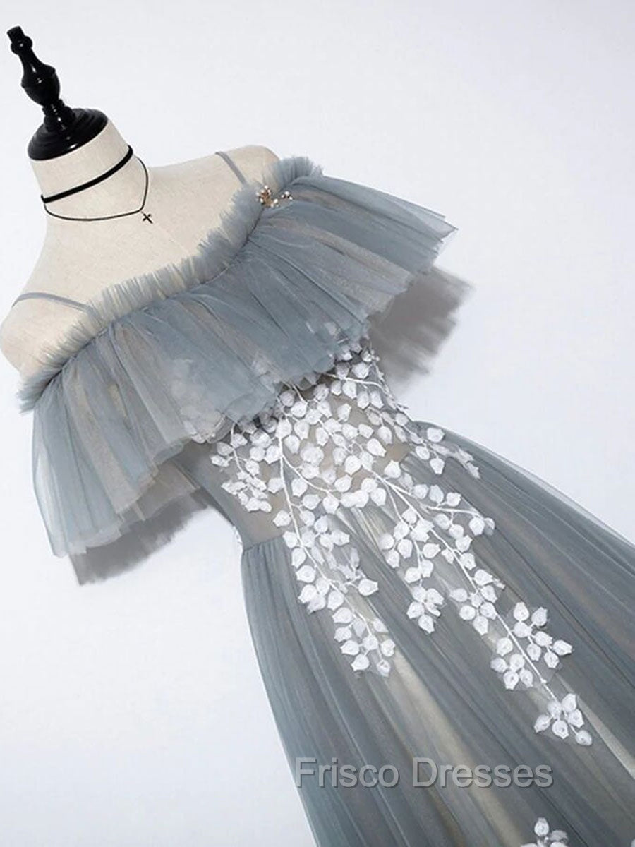 Gray Blue A line Tulle Lace Long Formal Prom Dress, Gray Blue Graduation Dress Secondary image