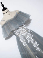 Gray Blue A line Tulle Lace Long Formal Prom Dress, Gray Blue Graduation Dress