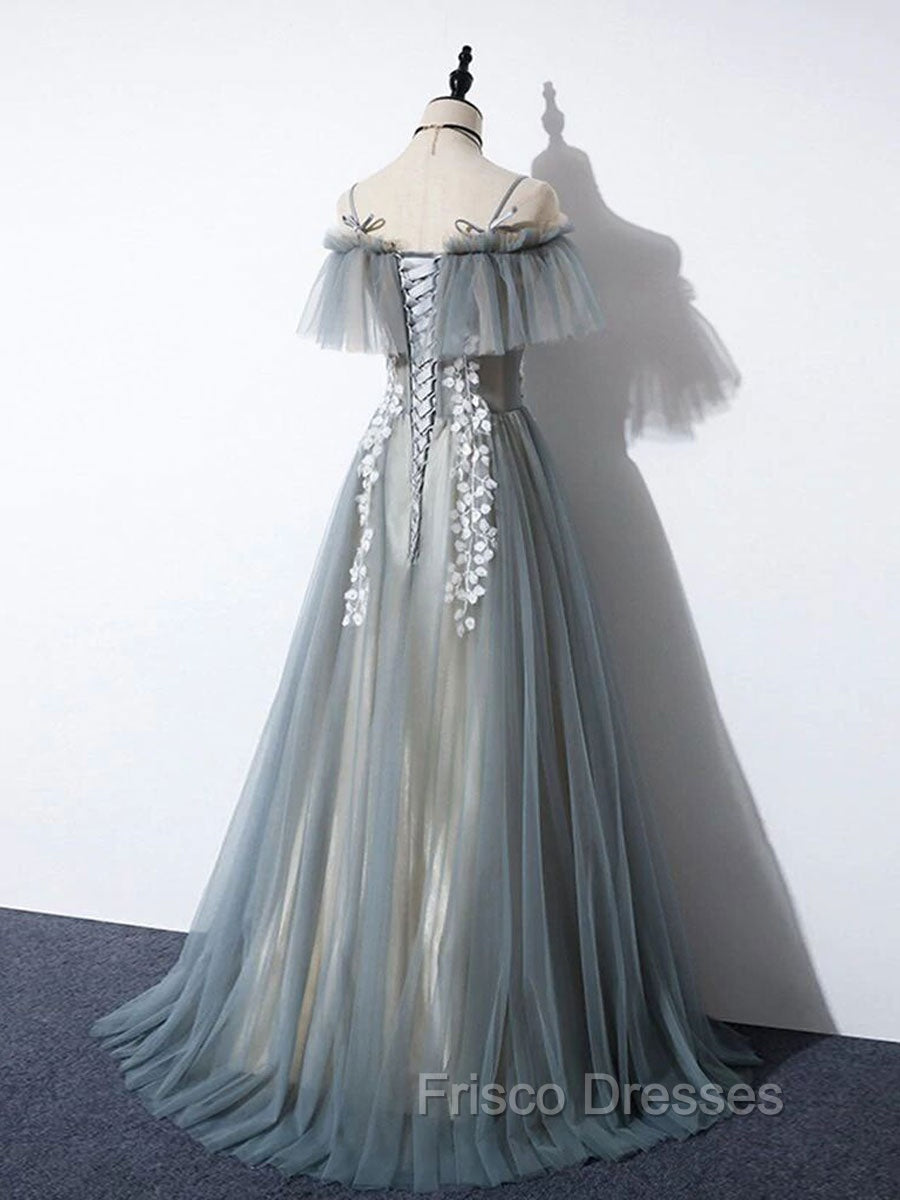 Gray Blue A line Tulle Lace Long Formal Prom Dress, Gray Blue Graduation Dress
