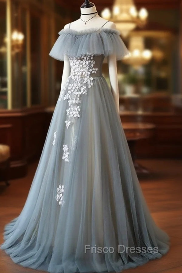 Gray Blue A line Tulle Lace Long Formal Prom Dress, Gray Blue Graduation Dress