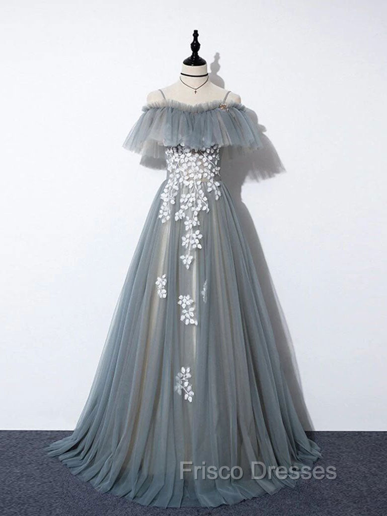 Gray Blue A line Tulle Lace Long Formal Prom Dress, Gray Blue Graduation Dress Main image