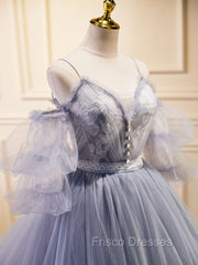 Gray Blue A-Line Tulle Lace Long Formal Prom Dress, Gray Blue Formal Graduation Dress