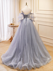 Gray Blue A-Line Tulle Lace Long Formal Prom Dress, Gray Blue Formal Graduation Dress