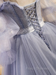 Gray Blue A-Line Tulle Lace Long Formal Prom Dress, Gray Blue Formal Graduation Dress