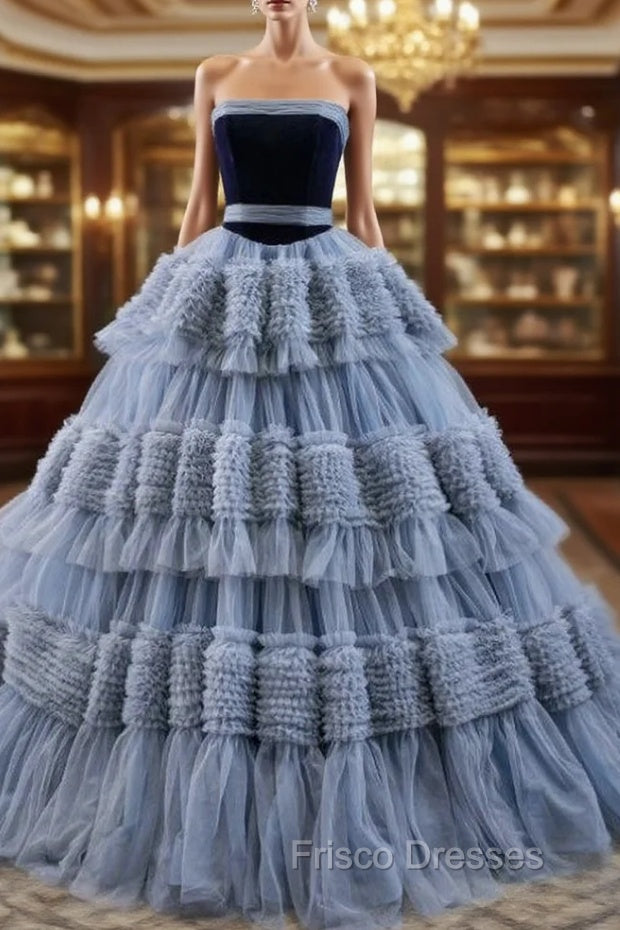 Gray Blue Ball Gown Tulle Strapless Tiers Pleats Formal Prom Dress Main image