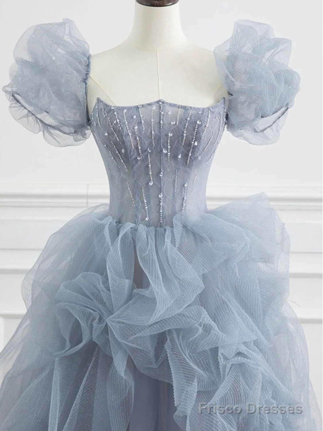 Gray Blue Beads Long Prom Dress Gray Tulle Formal Dress Secondary image