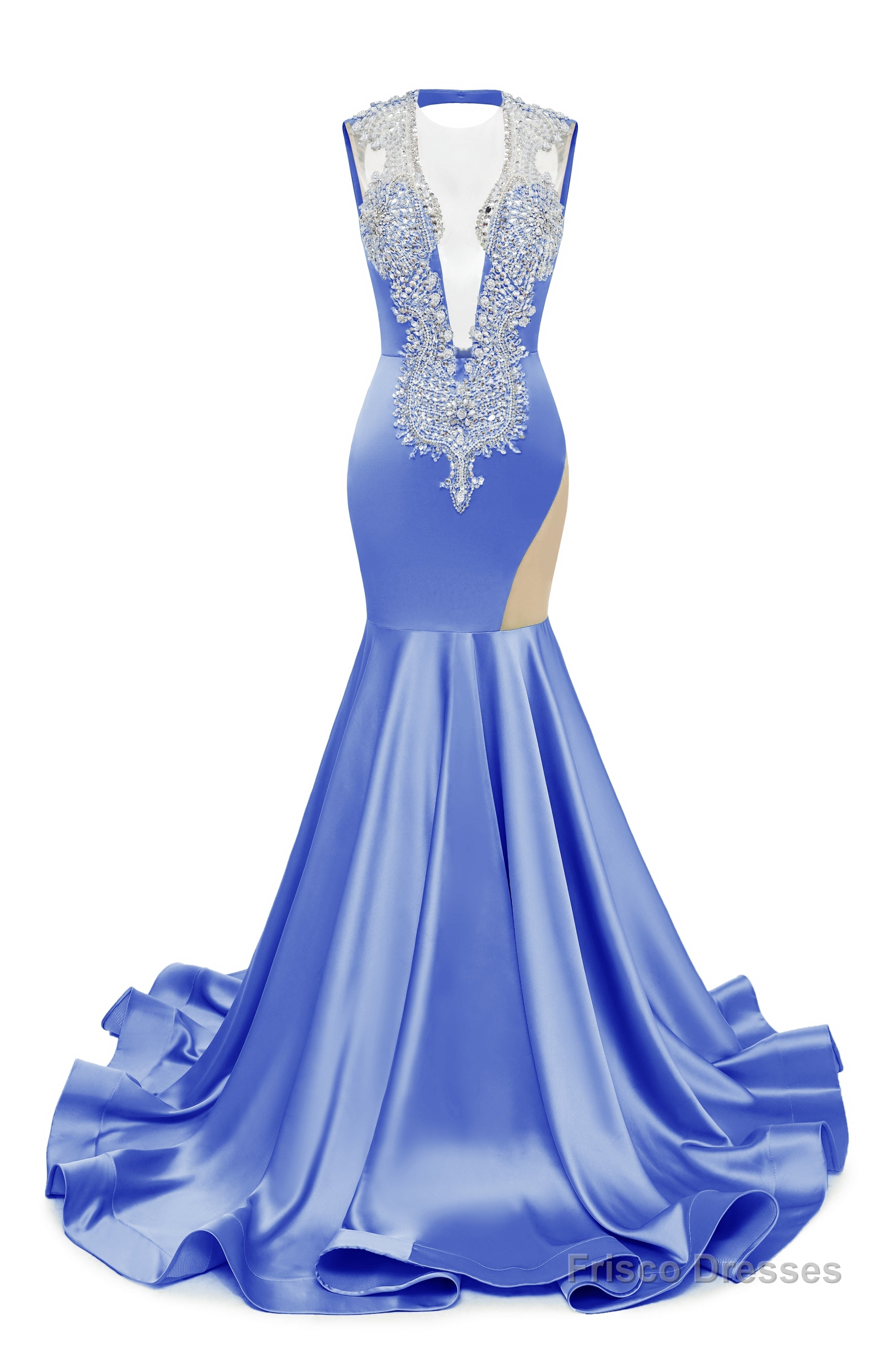 Gray Blue Deep V Neck Mermaid Satin Prom Dresses Sparkly Beaded Pageant Crystals Evening Formal Dresses Main image