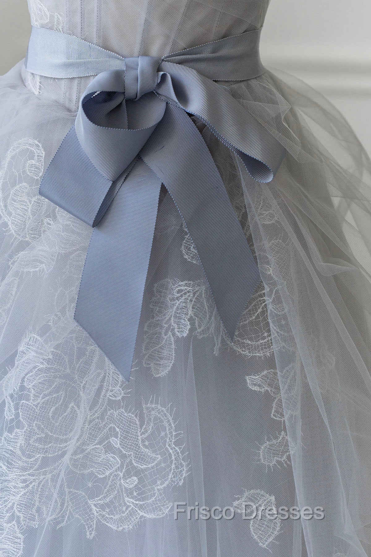 Gray Blue Lace Long Formal Prom Dress, Strapless Evening Party Dress