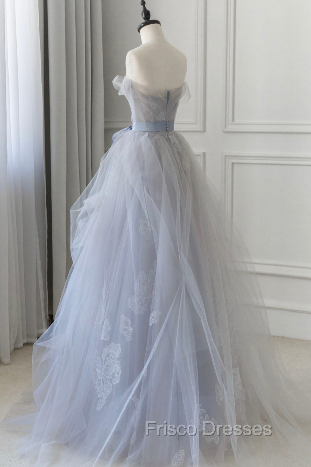 Gray Blue Lace Long Formal Prom Dress, Strapless Evening Party Dress Secondary image