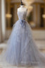 Gray Blue Lace Long Formal Prom Dress, Strapless Evening Party Dress