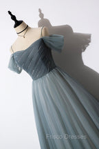 Gray Blue Spaghetti Strap Tulle Floor Length Formal Prom Dress, Off Shoulder Evening Party Dress