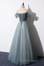 Gray Blue Spaghetti Strap Tulle Floor Length Formal Prom Dress, Off Shoulder Evening Party Dress