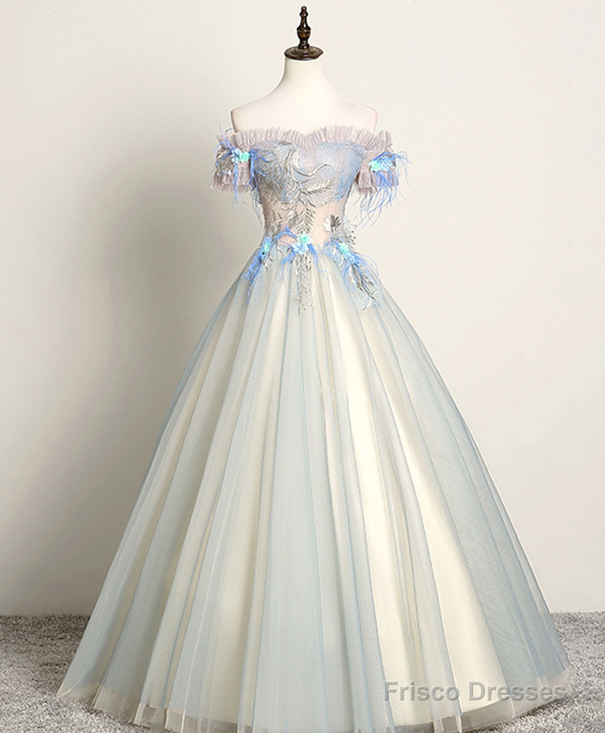 Gray Blue Sweetheart Lace Long Prom Dress, Gray Blue Tulle Evening Dress Secondary image