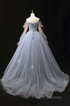 Gray Blue Tulle Floor Length Formal Prom Dress, Elegant Long Sleeve Formal Evening Dress