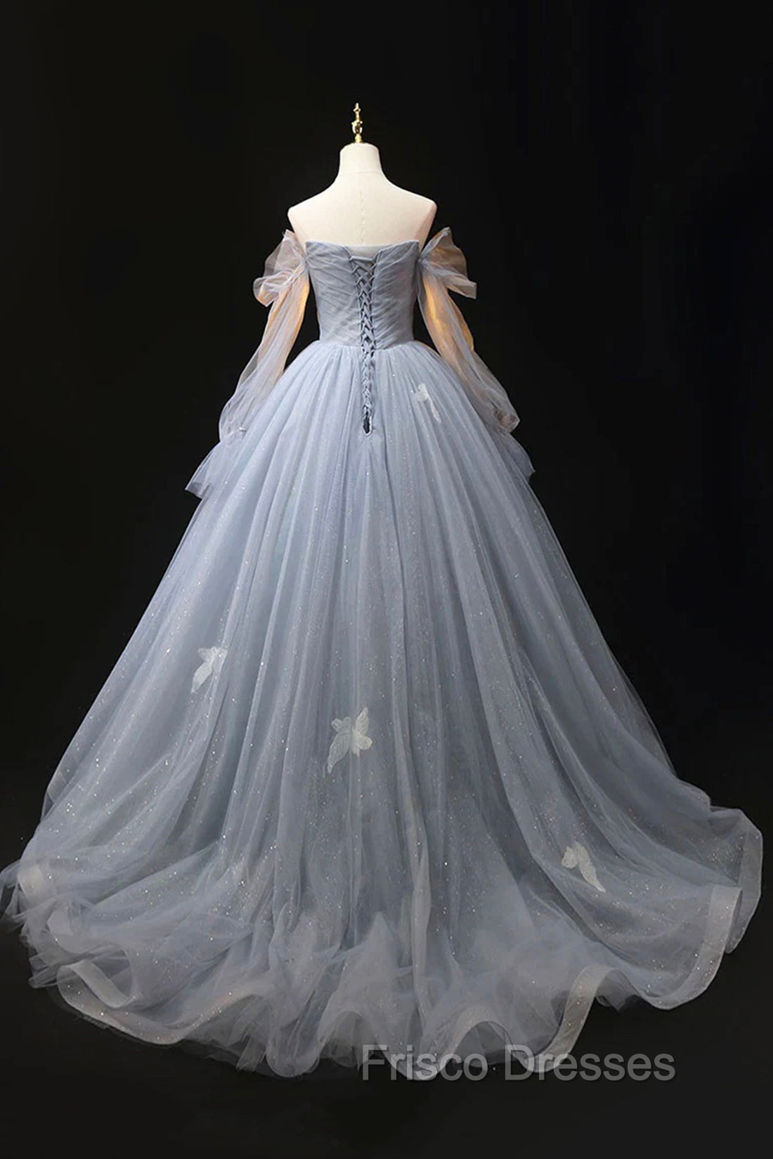 Gray Blue Tulle Floor Length Formal Prom Dress, Elegant Long Sleeve Formal Evening Dress