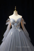 Gray Blue Tulle Floor Length Formal Prom Dress, Elegant Long Sleeve Formal Evening Dress