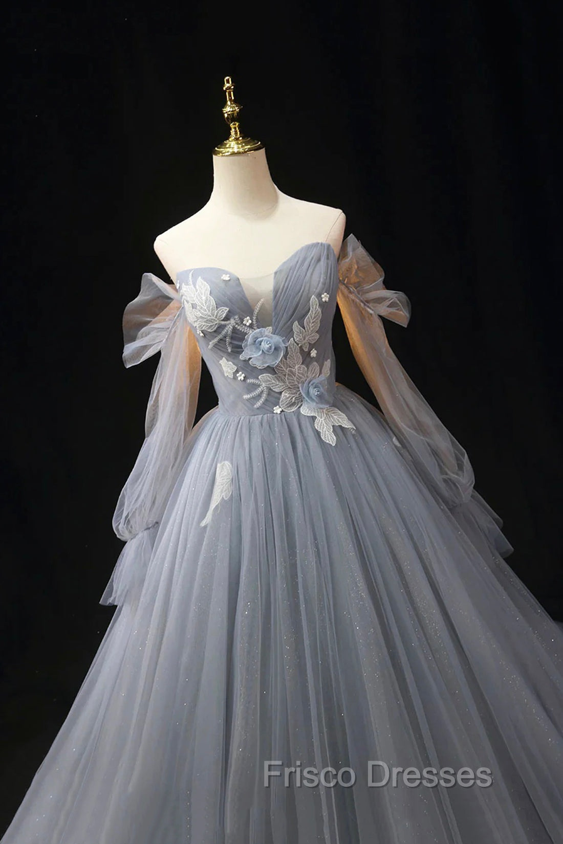 Gray Blue Tulle Floor Length Formal Prom Dress, Elegant Long Sleeve Formal Evening Dress