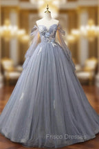 Gray Blue Tulle Floor Length Formal Prom Dress, Elegant Long Sleeve Formal Evening Dress