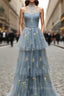 Gray Blue Tulle Halter Formal Prom Dress
