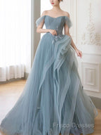 Gray Blue Tulle Lace Long Formal Prom Dress, Gray Blue Formal Dress