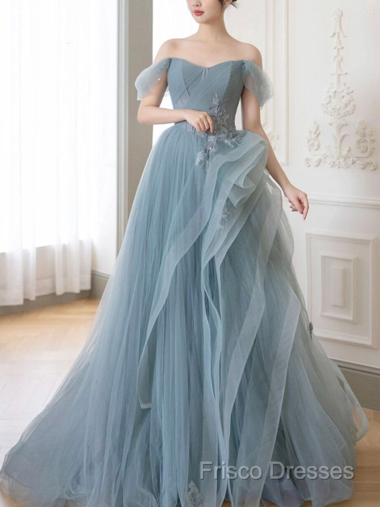 Gray Blue Tulle Lace Long Formal Prom Dress, Gray Blue Formal Dress