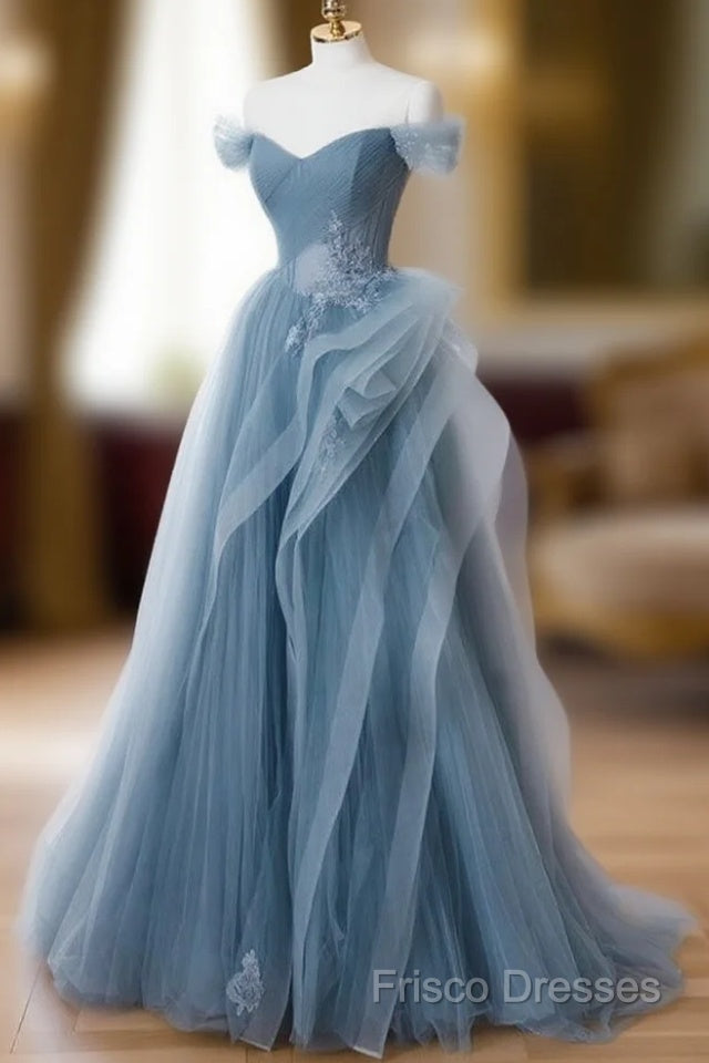 Gray Blue Tulle Lace Long Formal Prom Dress, Gray Blue Formal Dress Main image