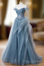 Gray Blue Tulle Lace Long Formal Prom Dress, Gray Blue Formal Dress