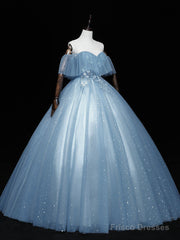 Gray Blue Tulle Lace Long Prom Dress, Gray Blue Tulle Evening Dress
