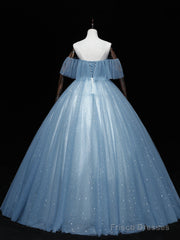 Gray Blue Tulle Lace Long Prom Dress, Gray Blue Tulle Evening Dress